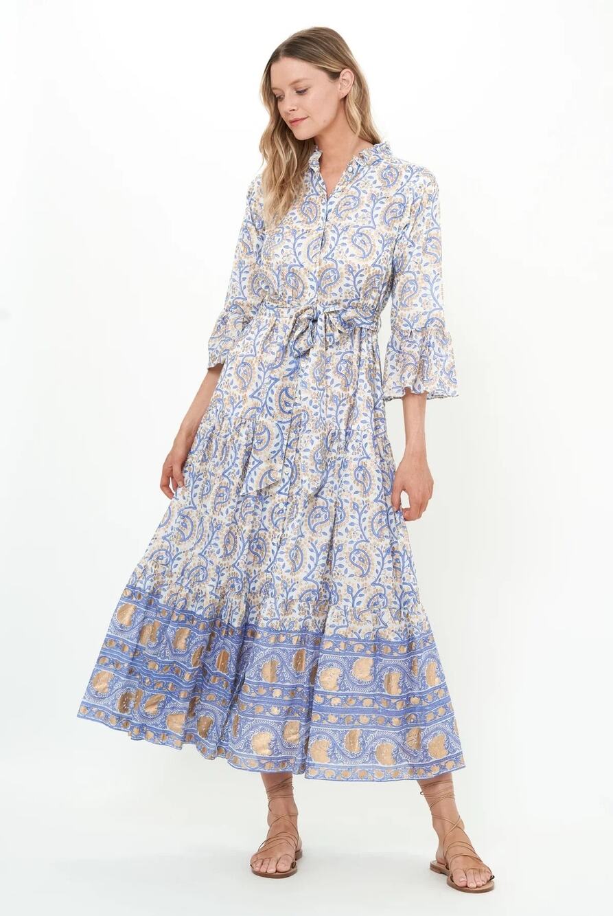 Oliphant Ruffle Collar Bell Maxi- Marseille Blue Size XL Bohemian Boho Resort
